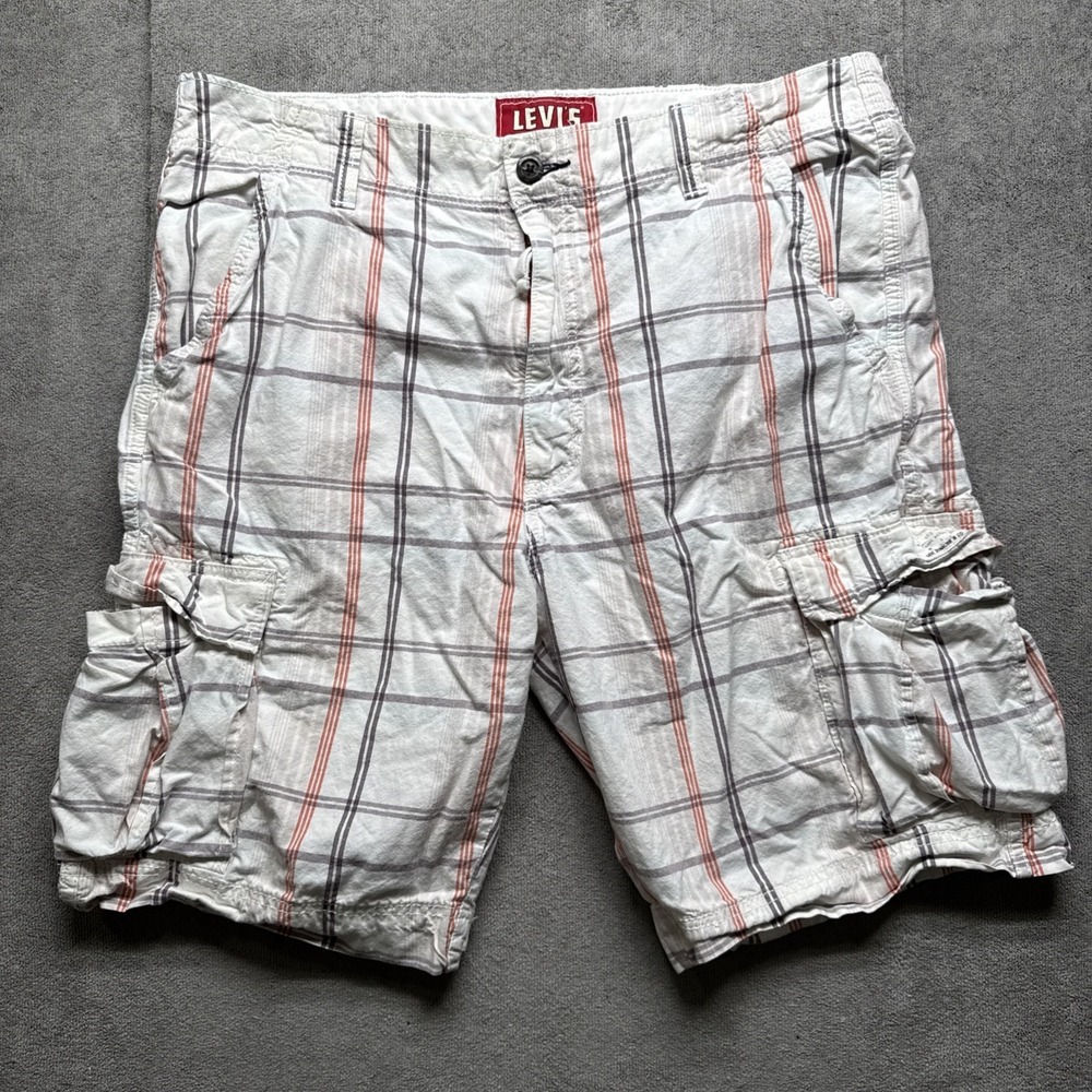 Levi's Plaid Cargo Shorts Mens 38 9" White Check Skater Grunge